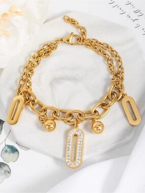 Gold Plated Stainless Steel Geometric Charm Chain Bracelet